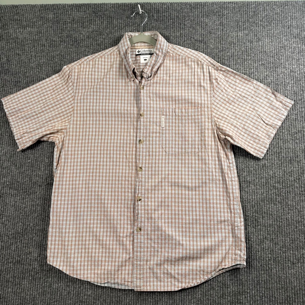 Columbia Button Down Shirt Mens L Blue Orange Plaid Short Sleeve Outdoor Hiking